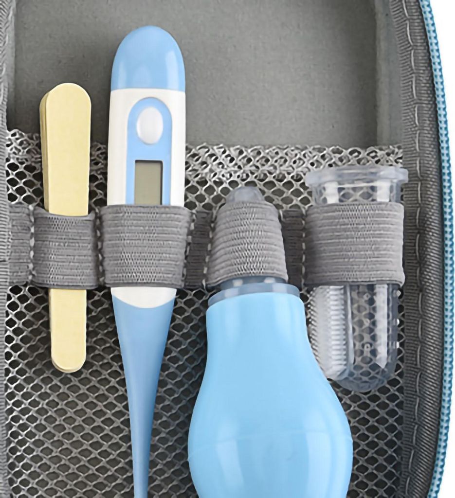 Baby-Pflegeset mit Haarbürste, Nagelknipser, Nasenreiniger, Fingerzahnbürste, Schere, Neugeborenenpflege für Jungen und Mädchen, Blau