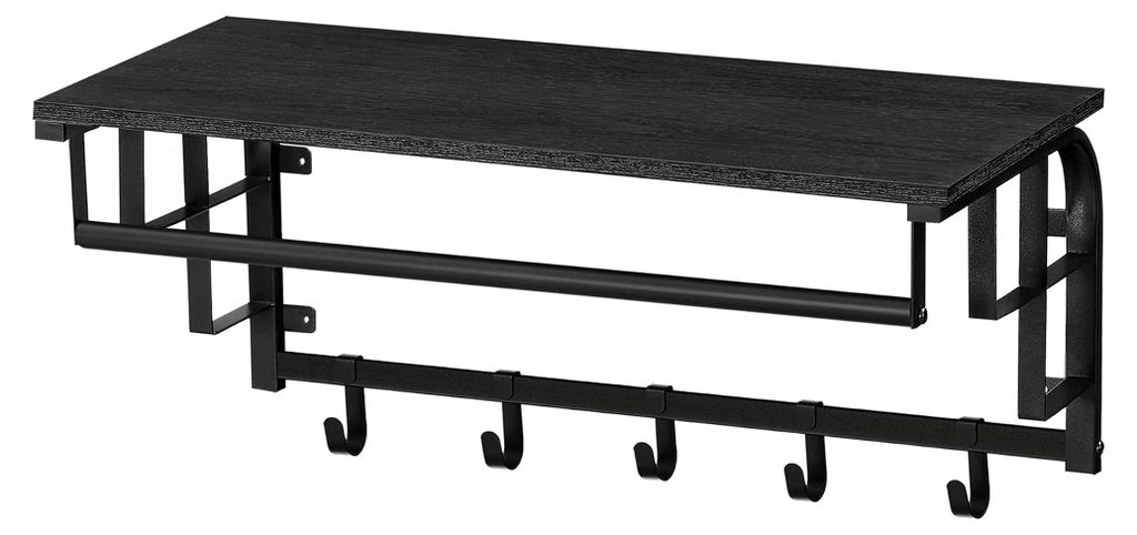 Wandregal mit Garderobenhaken und Kleiderstange im Industrial Design, Flurgarderoben Set aus Vintage Holz und Metall, schwarz, Maße B 66 cm x H 27...