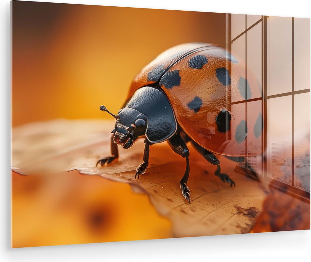 MuchoWow Glasbilder - Bilder auf Wandbild - Foto auf Glas Marienkäfer - Herbst - Insekt - Rot - Laub 60x40 cm Wanddekoration aus Glas - Acrylglasb...