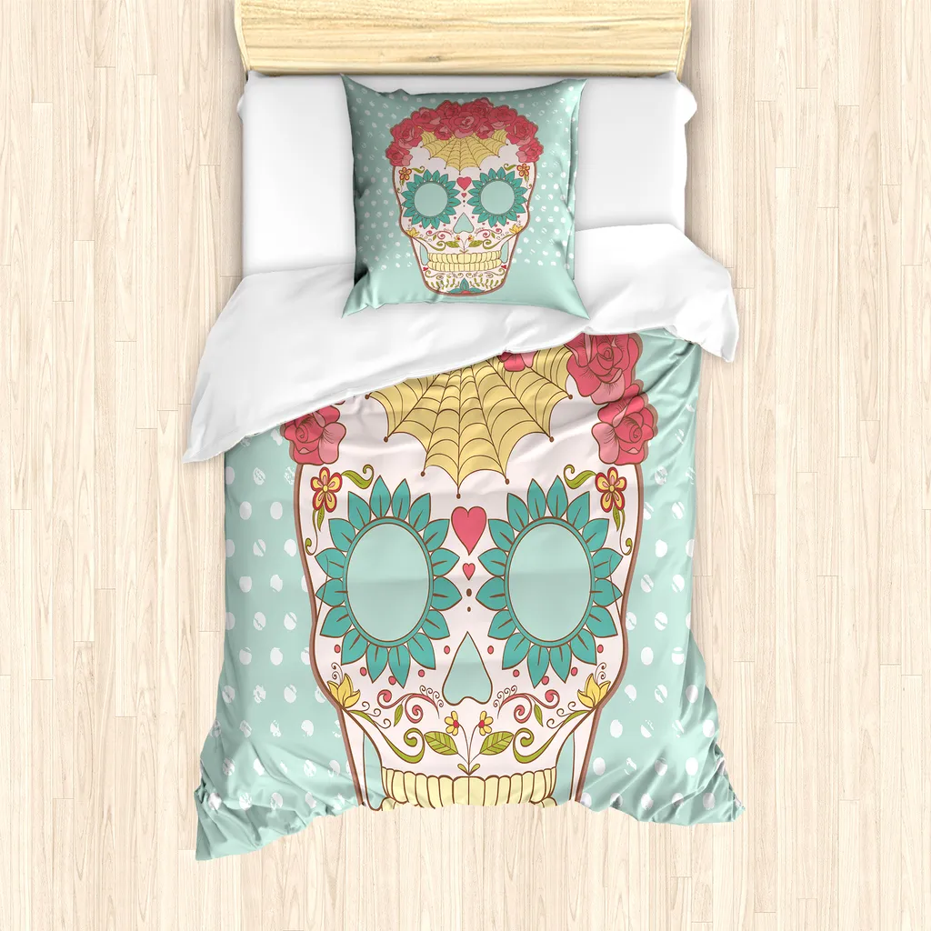 ABAKUHAUS Set copripiumino per letto singolo Zuckerschädel, teschi floreali femminili, antiacaro, adatto a chi soffre di allergie, con federa, 135 cm x 200 cm - 80 x 80 cm, multicolore