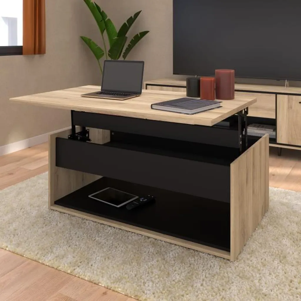 Table basse relevable OSTARA rectangulaire chêne et noir 110x65 cm - 3