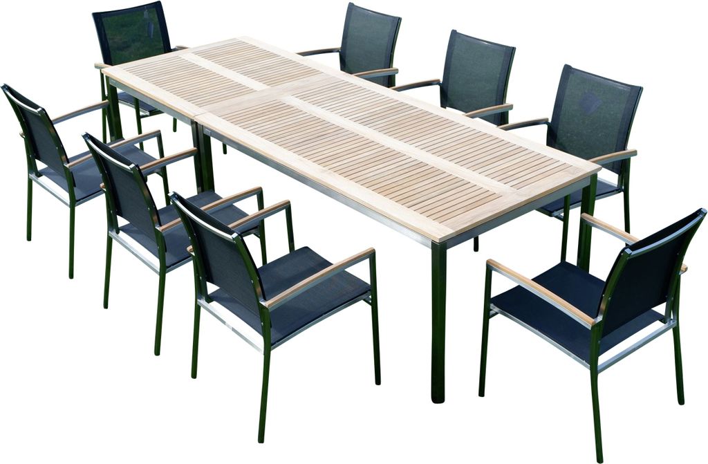 ALEOS. Gartengarnitur Tisch 160x90 cm + Tisch 90x90 cm + 8 Sessel mit Gewebe schwarz Edelstahl Batyline A-Grade Teak Holz Set Gastroqualität