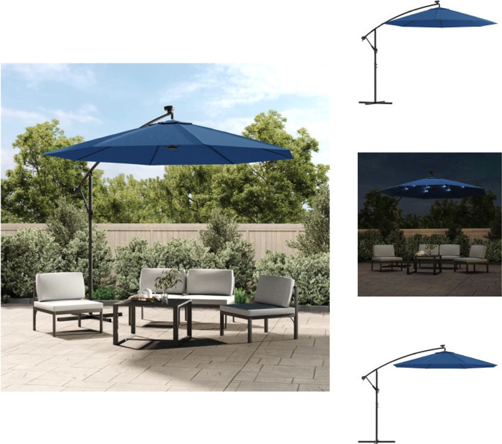 vidaXL Ampelschirm mit LED-Leuchten und Stahlmast 300 cm Azurblau - Sonnenschirme & Sonnenschutze