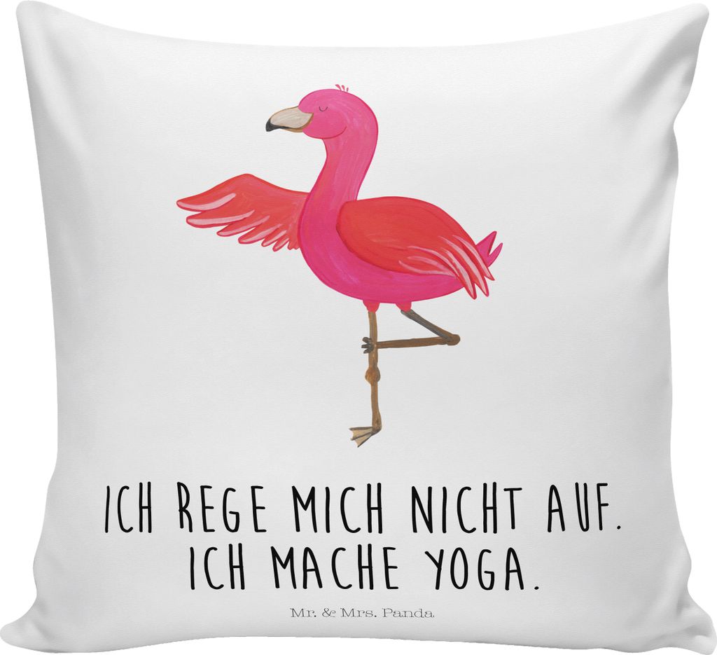 Mr. & Mrs. Panda Sofa Kissen Flamingo Yoga - Weiß - Geschenk, kuschelkissen 40x40, Meditieren, Aufgeregt, Sofakissen, Dekokissen, Achtsamkeit, Bau...