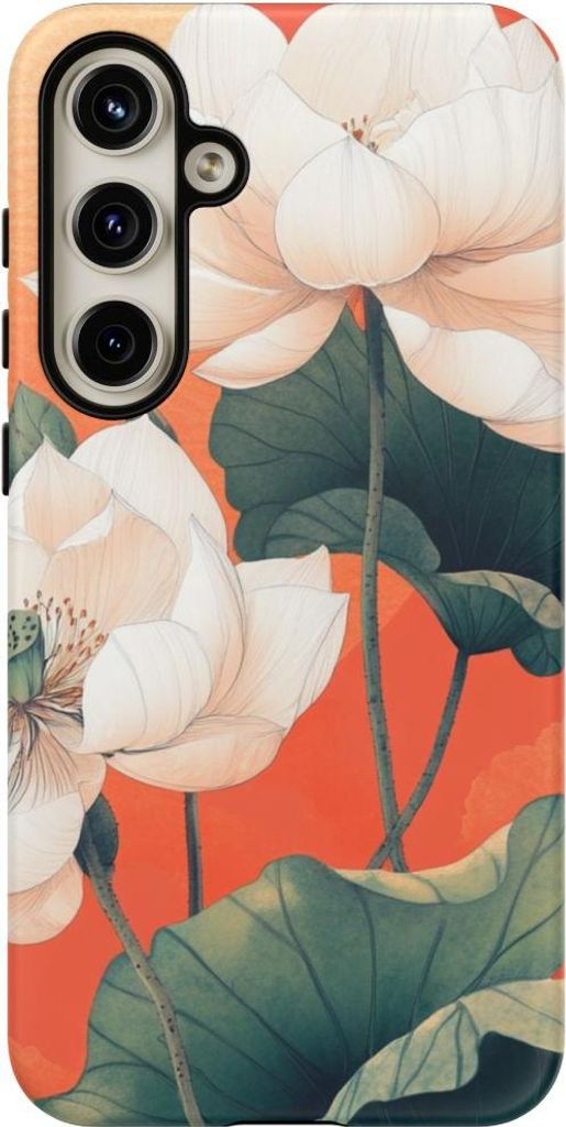 Weiße Lotusblüten mit grünen Blättern auf orangefarbenem Hintergrund – Hülle Kompatibel mit Samsung Galaxy S24 Plus