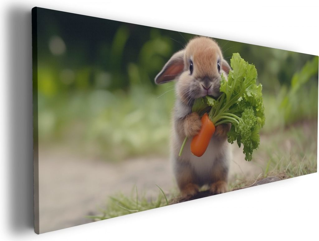 Wallario Premium Leinwandbild Knabbernder Kleinhase in Größe 50 x 125 cm