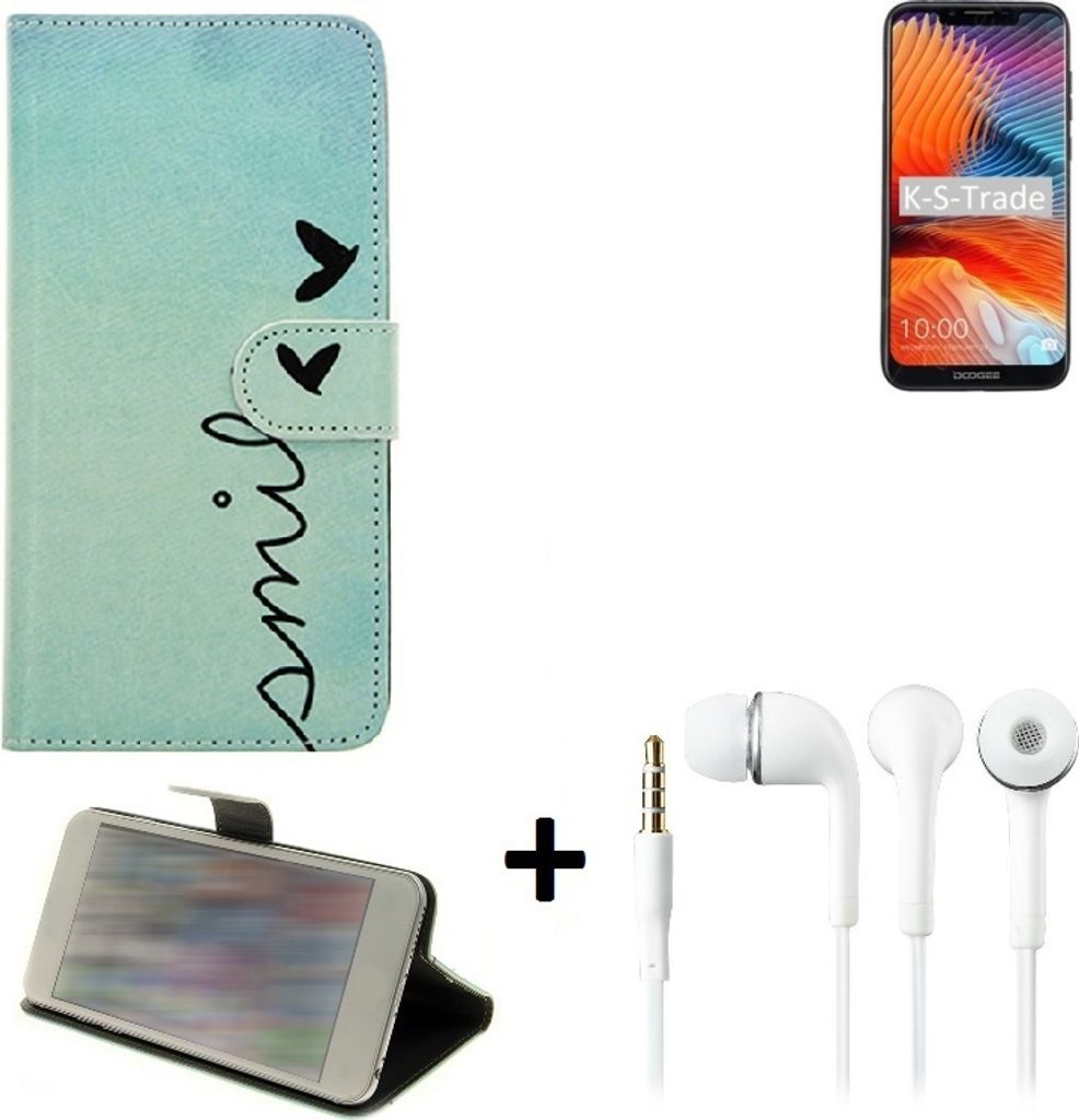 K-S-Trade Schutz-Hülle Handy-Hülle kompatibel mit Doogee BL5500 Lite 360° Wallet Case Schutz Hülle ''smile'' inkl. ohrstöpsel Smartphone Handy