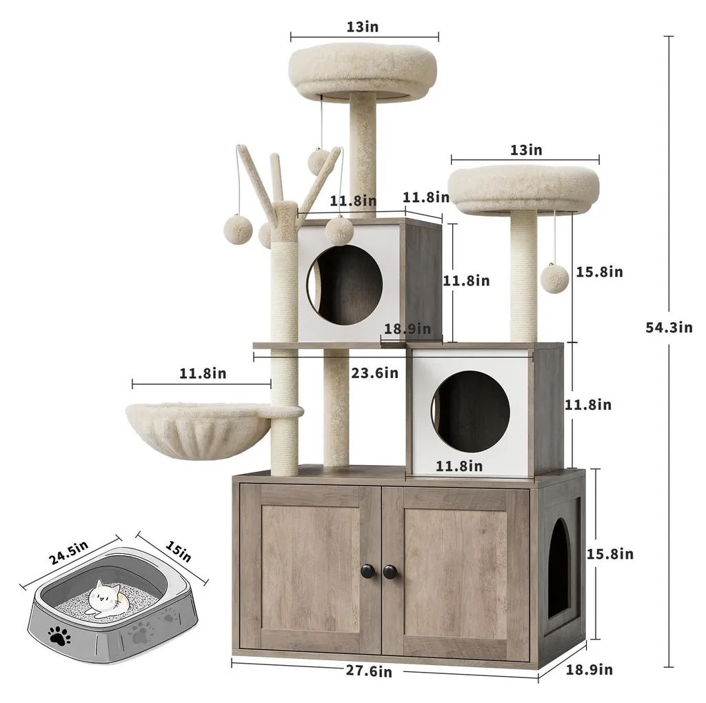 Meuble arbre à chat multi-fonctions 5 étages avec cache-bac à litière - 5