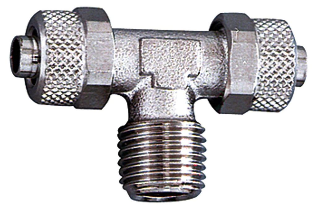 Riegler T-Einschraubverschraubung, R 1/4 a., für Schlauch 8/6, MS vern.