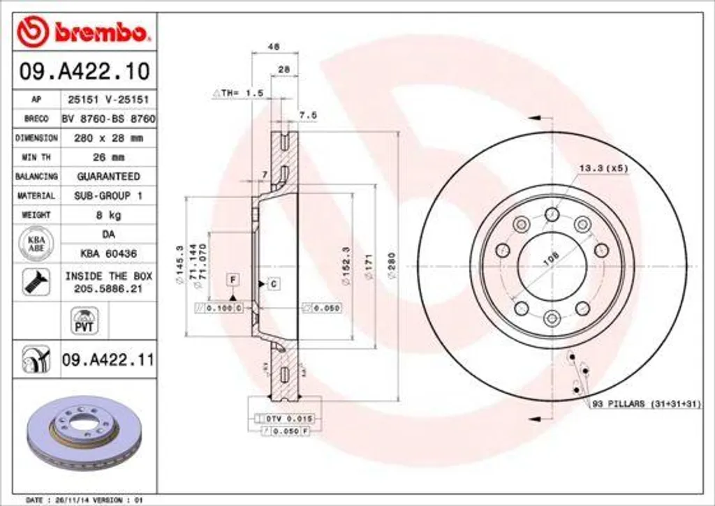 Brembo 09.A422.10 Disque de Frein Avant pour Expert et Jumpy OE 1611841880