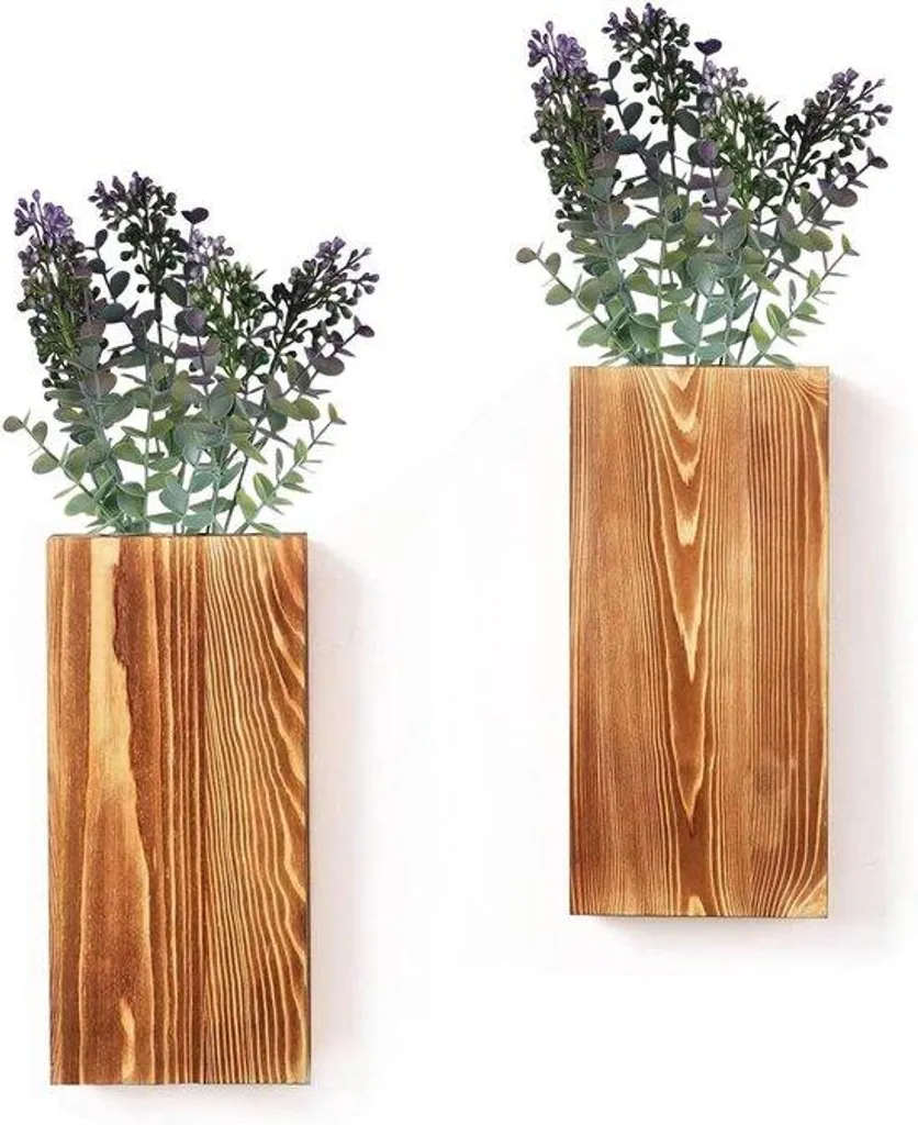 Lot de 2 vases muraux en bois avec plantes artificielles décoratives