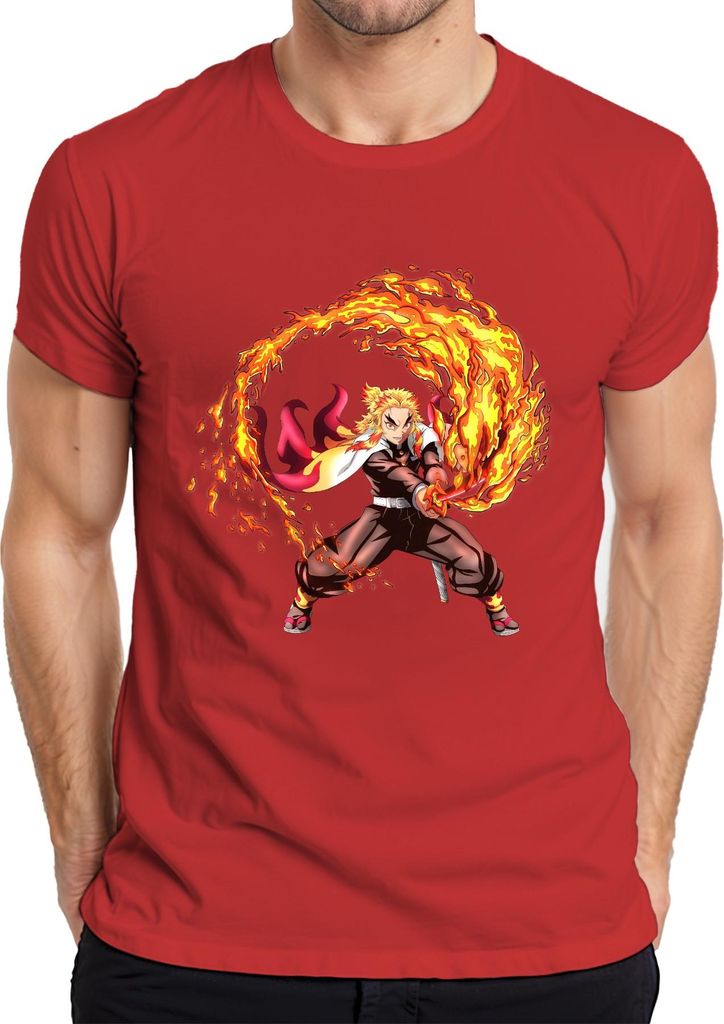 Rengoku Flammen Hashira Anime Kampf Samurai Geschenk Herren T-Shirt, Rot, XL