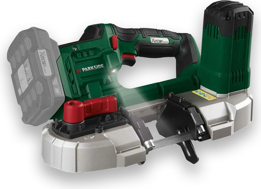 A cordless band saw is shown against a white background.