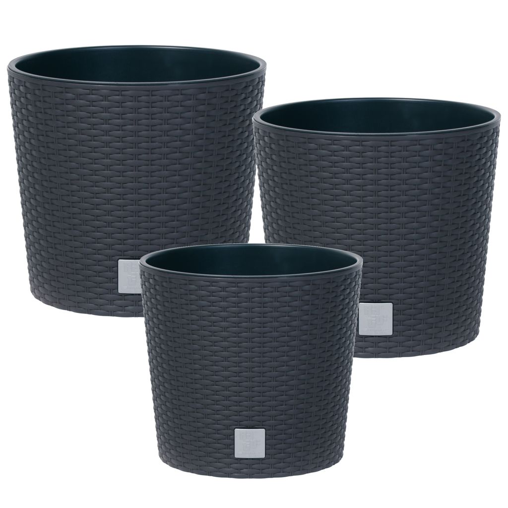 Innen & Außenbereich Set 3x Blumentopf Rund Rattan H 19 22 27 cm Anthrazit mit Pflanzeinsatz Rund
