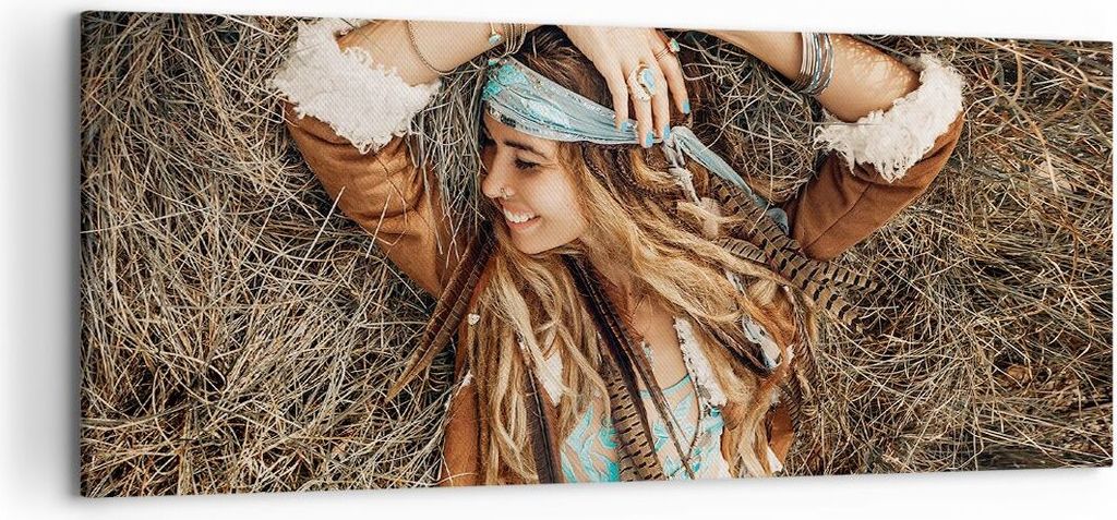 Bild auf Leinwand - Leinwandbild - Einteilig - Hippie Frau Gras - 120x50cm - Wand Bild - Wanddeko - Wandbilder - Leinwanddruck - Bilder - Wanddekor...