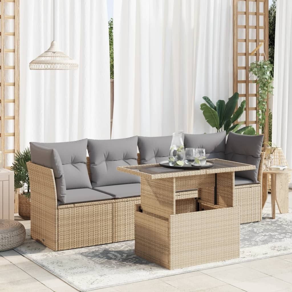 Eleganten-Stil 5-tlg. Garten-Lounge-Set mit Kissen Garten-Sofagarnitur, Outdoor Indoor, Beige Poly Rattan Gartenmöbel-Sets CHY65996898