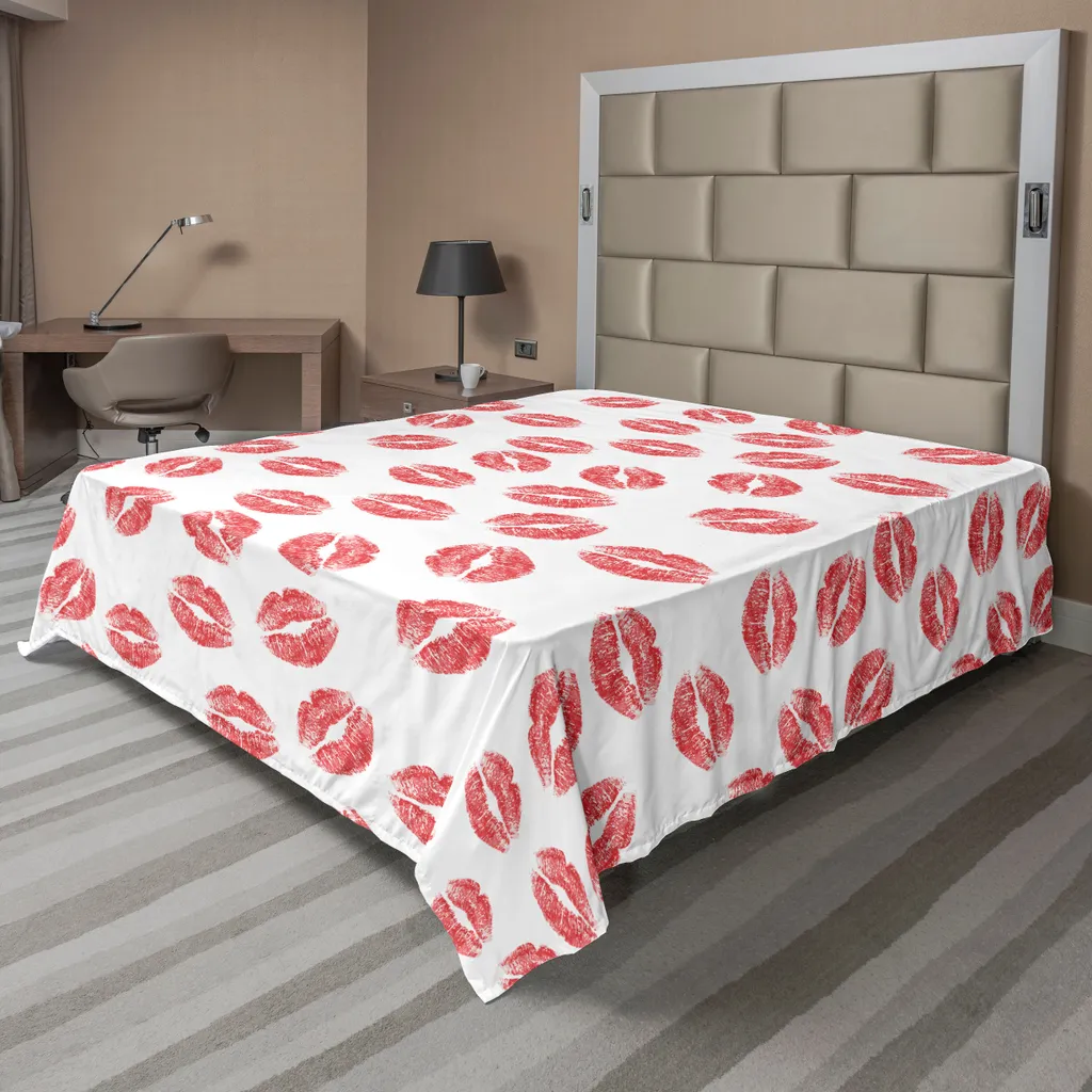 Drap de lit confortable blanc et rouge motif baiser 275x260 cm