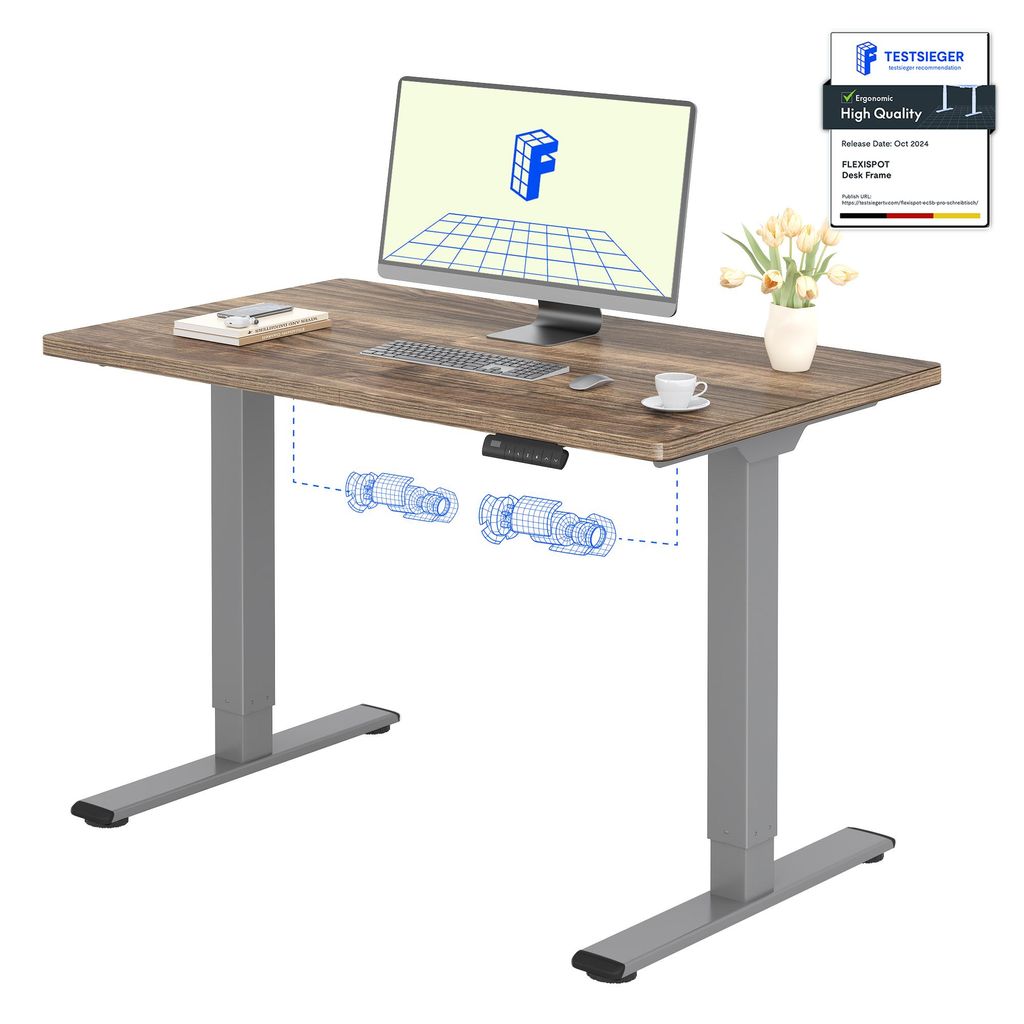 A standing desk with a computer, keyboard, and cup on it, with diagrams of its lifting mechanism.