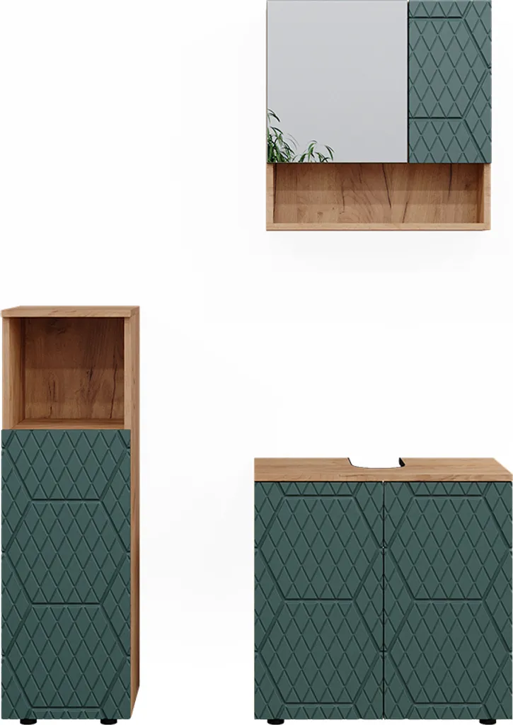 Meuble salle de bain Vicco Irma Vert et Chêne, Modèle 47191 - 3 pièces