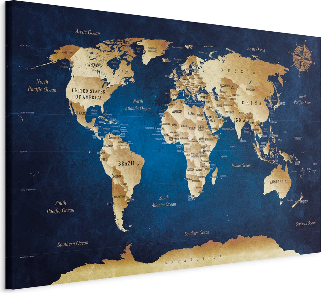 Quadro su Tela Mappa del Mondo Blu Scuro 120x80 cm k-A-0107-b-a