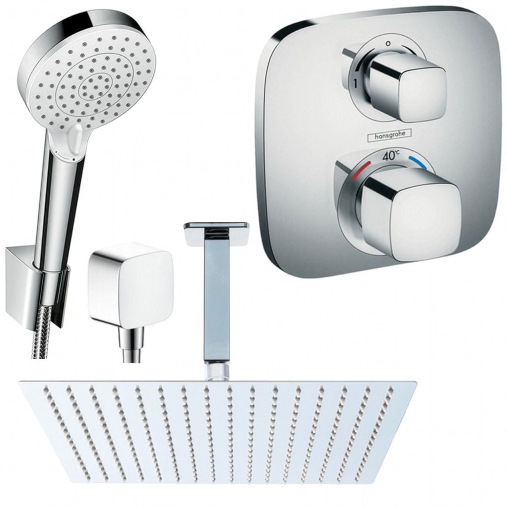 Hansgrohe und Jowi Unterputz Duschsystem Ecostat E Thermostat, Unterputz Duscharmatur mit 360mm Kopfbrause, OHNE iBox, Deckenanschluss
