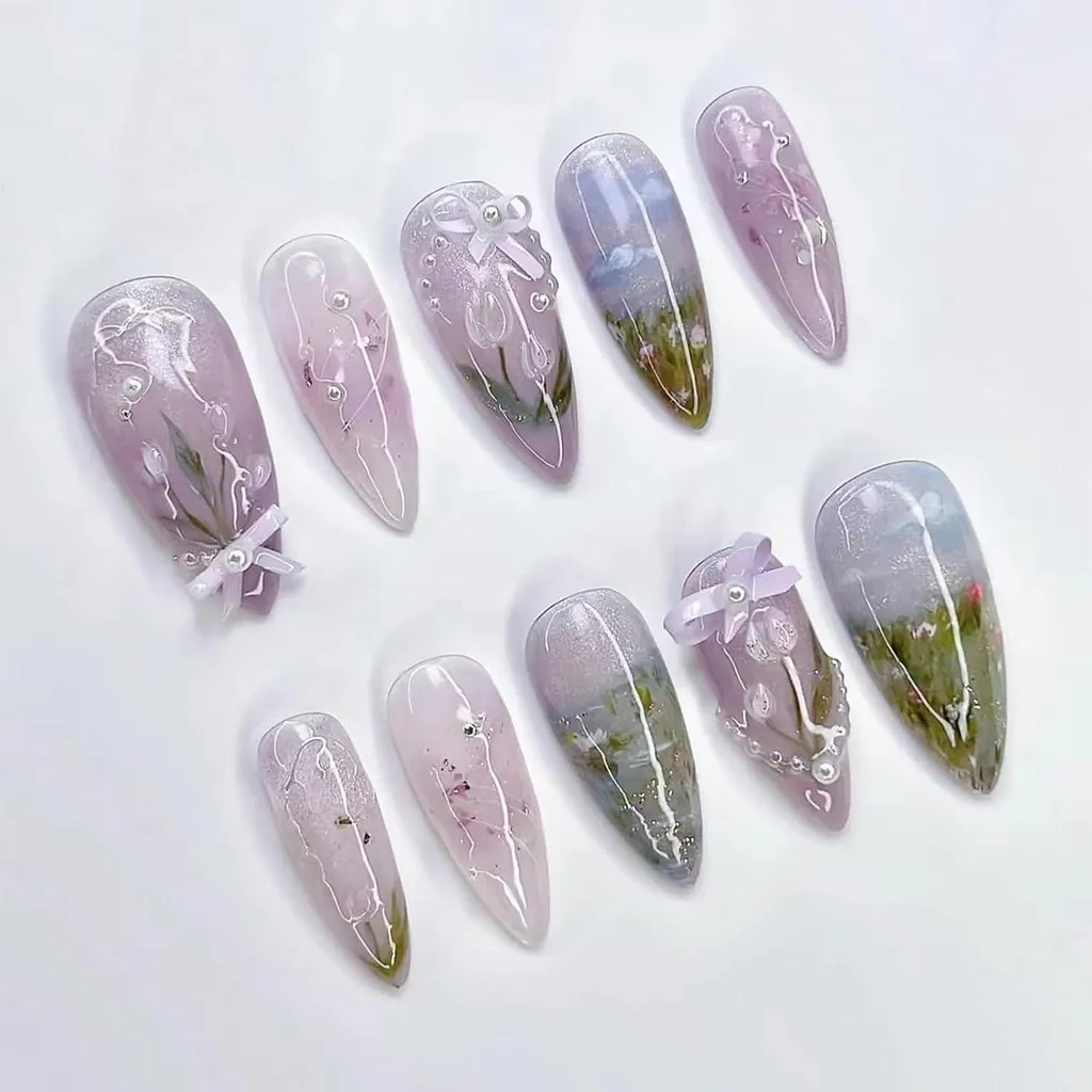 24 Faux Ongles Flower Press on Nails Amande avec Perles et Noeuds 3D