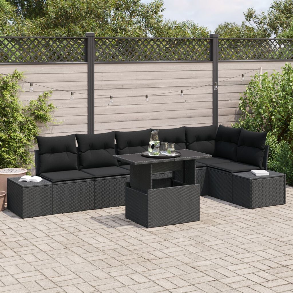 ZMH Garten-Sofa-Set 7-teilig Holzkohle Rattan, Polyester Rechteckig
