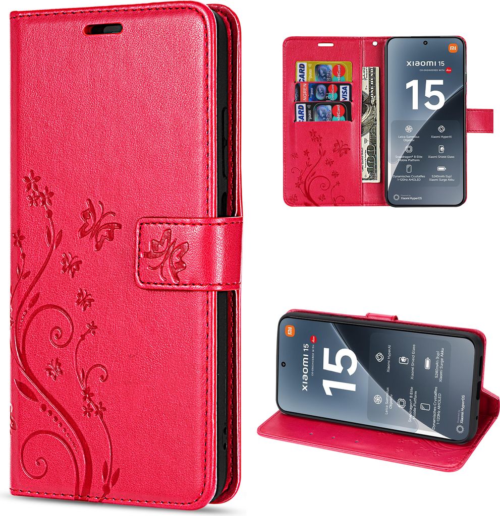 Hülle für Xiaomi 15 Handy Tasche Handyhülle Wallet Case Flip Cover in Rot