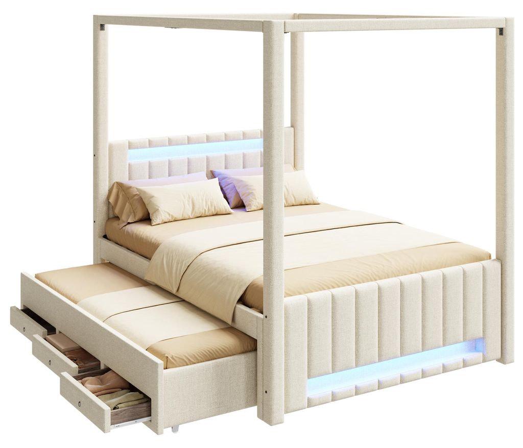 Polsterbett mit LED-Streifen, Stauraum, Lattenrost, Kopfteil, Schubladen und Ausziehbett, 140x200 cm, Doppelbett, Himmelbett, Leinen