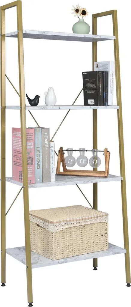 Étagère Échelle Vintage Foki 4 Niveaux - Design Blanc Or Aspect Marbre