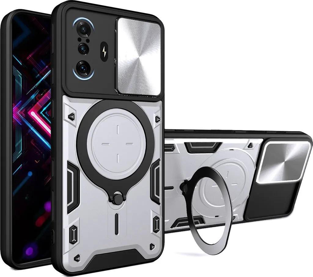 Custodia per Xiaomi Poco F3 GT /Redmi K40 Gaming Custodia resistente a doppio strato con copertura della fotocamera e supporto ad anello Argento