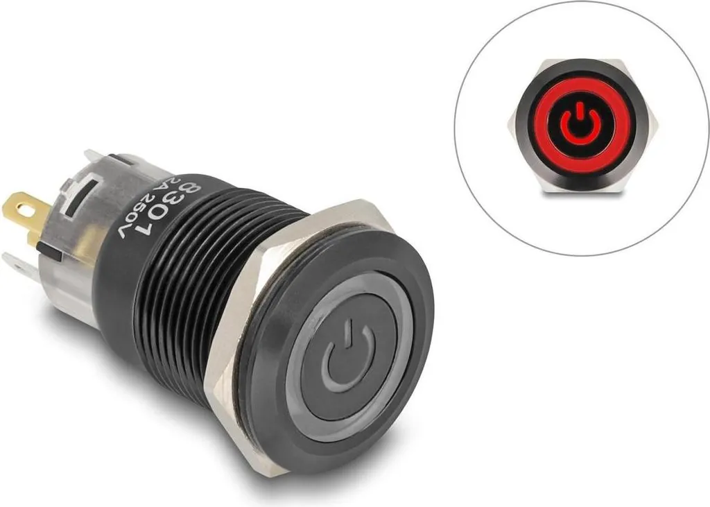 Bouton poussoir 12V Delock 19mm avec connecteur à souder robuste 5 pin