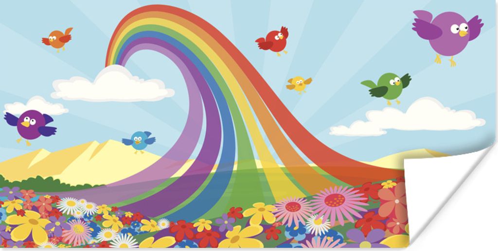 MuchoWow Poster Eine Illustration eines Regenbogens über einem Blumenfeld 150x75 cm - ohne Rahmen