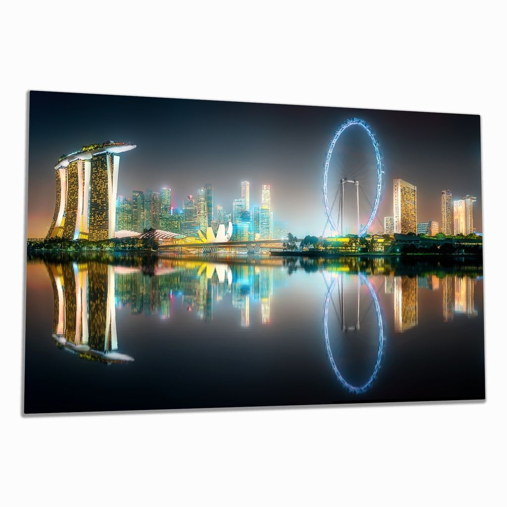 Wallario Herdabdeckplatte aus Glas, Größe 80 x 52 cm 1-teilig, Motiv Singapur bei Nacht