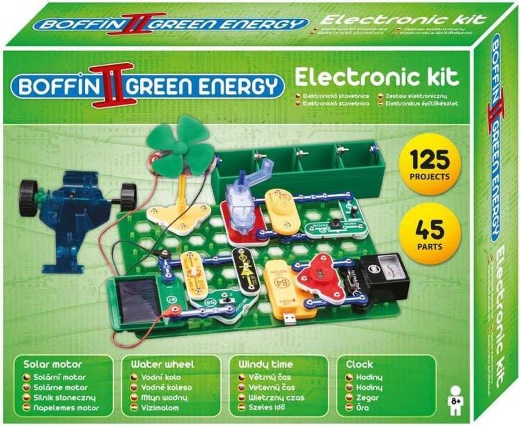 The image shows the packaging of a Boffin II Green Energy Electronic Kit. The packaging displays the product name, branding, and an illustration of the kit's components and potential projects.