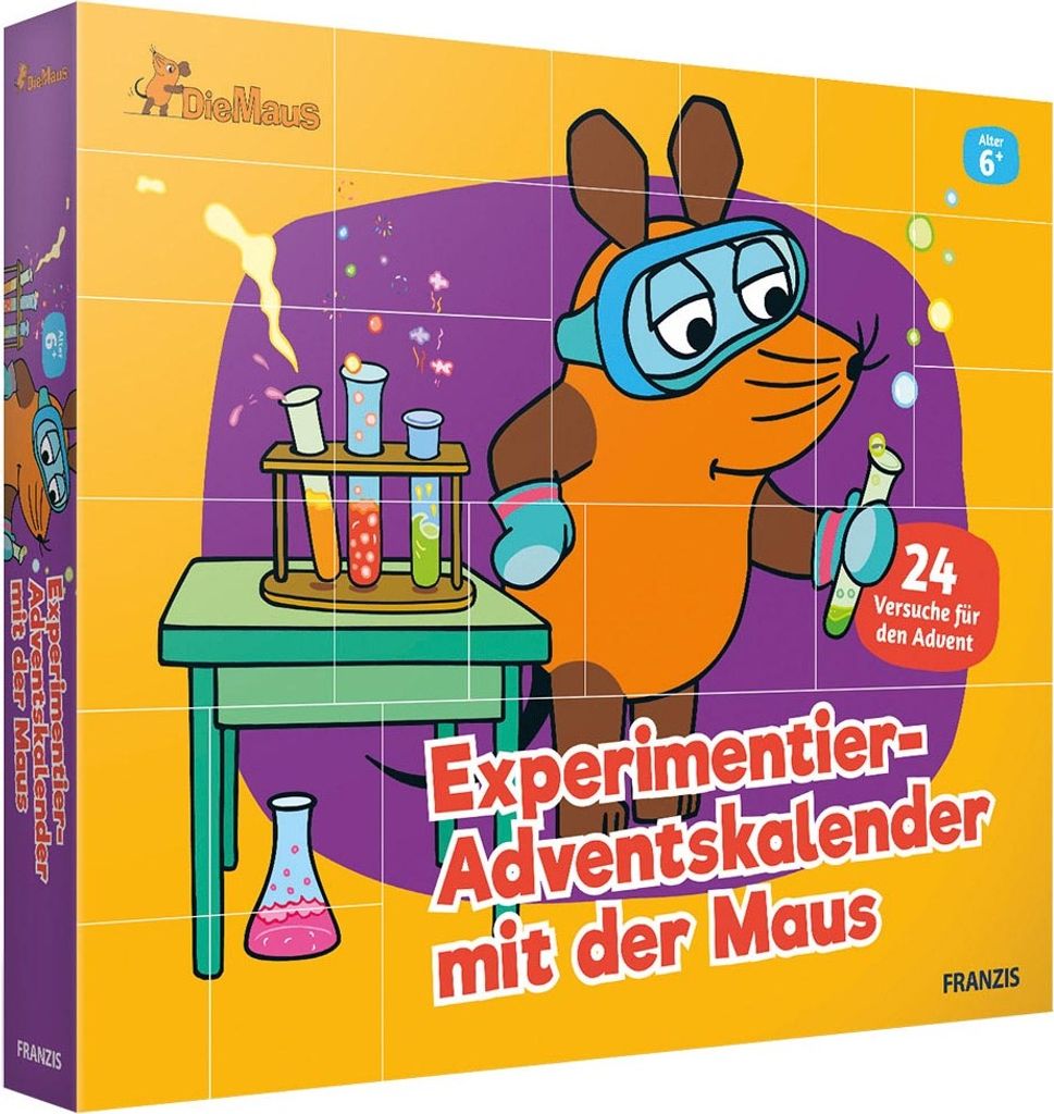 A cartoon mouse wearing goggles and gloves is shown in a science lab setting, holding a test tube. The image is for an advent calendar with science experiments.