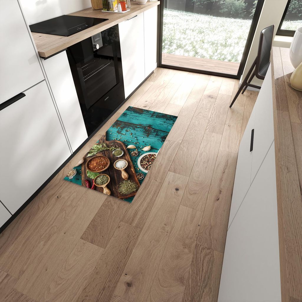 Küchenteppich 60x120cm rutschfest & abwischbar PVC Läufer - Küchenzutaten Holztisch
