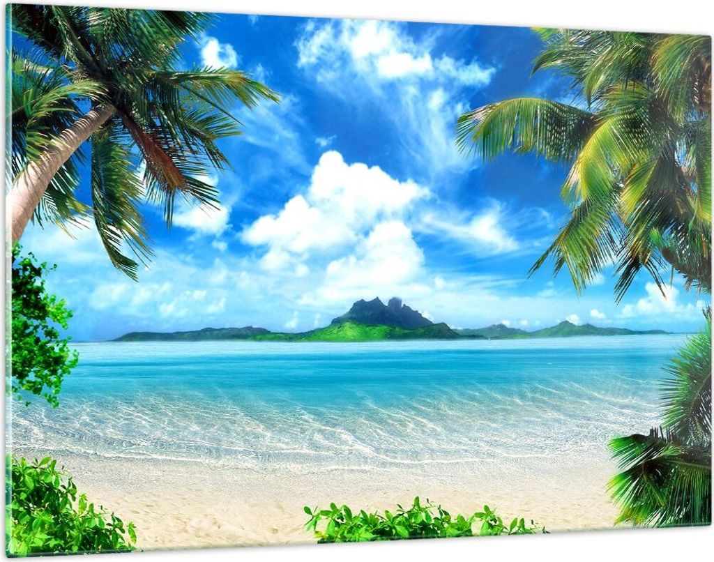 Bilder auf glas - Strand Urlaub Insel Palme - 120x80cm - Glasbilder - Wandbilder - Kunstdruck - zum Aufhängen bereit - Wanddekoration aus Glas - G...