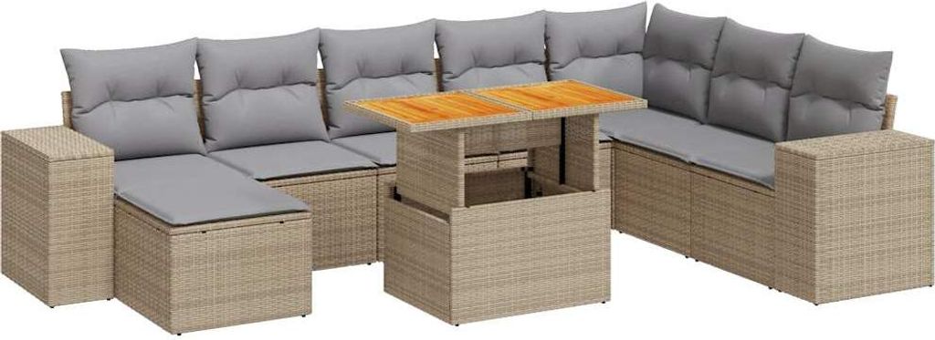 9-tlg. Garten-Sofagarnitur mit Kissen Grau Poly Rattan Akazie