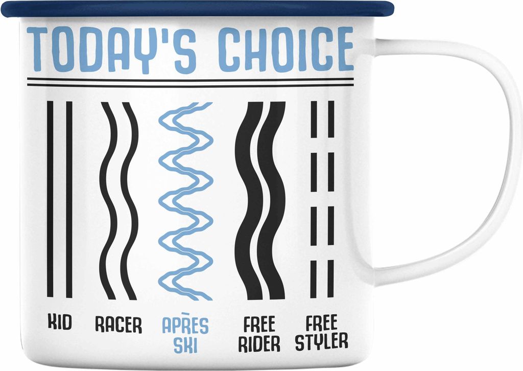 Trendation - Apres Ski Emaille Tasse Geschenk Grafik Geschenkidee Skifahrer Geschenk Winter Berge (Blau)