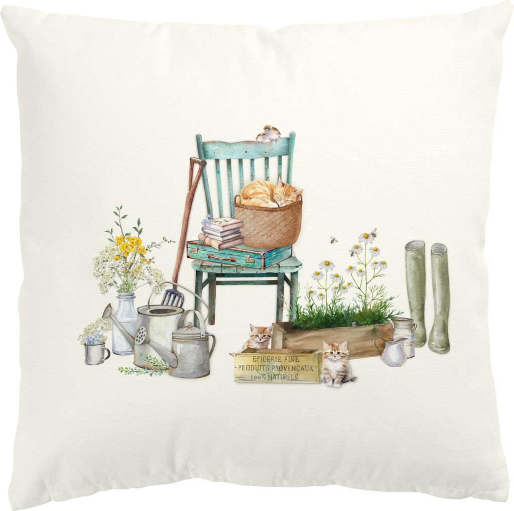 Dekokissen Blumen drinnen / Indoor Zierkissen Samt waschbar Katze gelb Aquarell Illustration Sofakissen mit Füllung