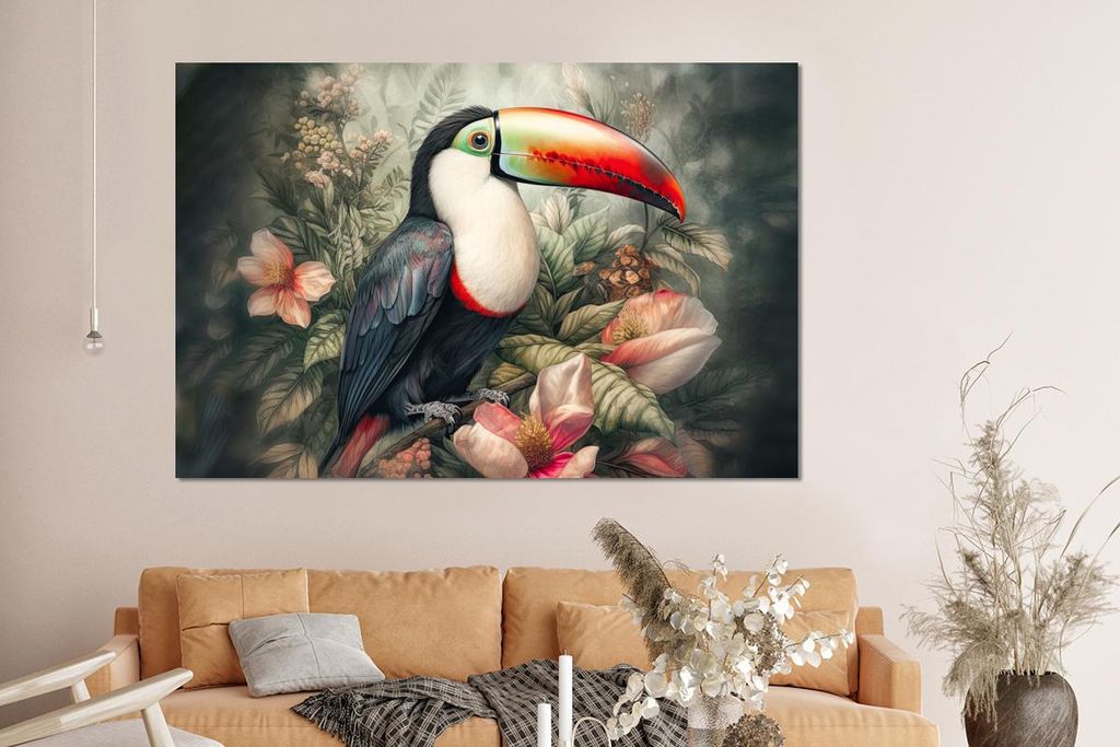 MuchoWow Wanddekoration Metall Metallbild Wandkunst 150x100 cm Tukan - Vögel - Blumen - Pflanzen - Tropisch MuchoWow Aluminium Gemälde - Alu Dibo...