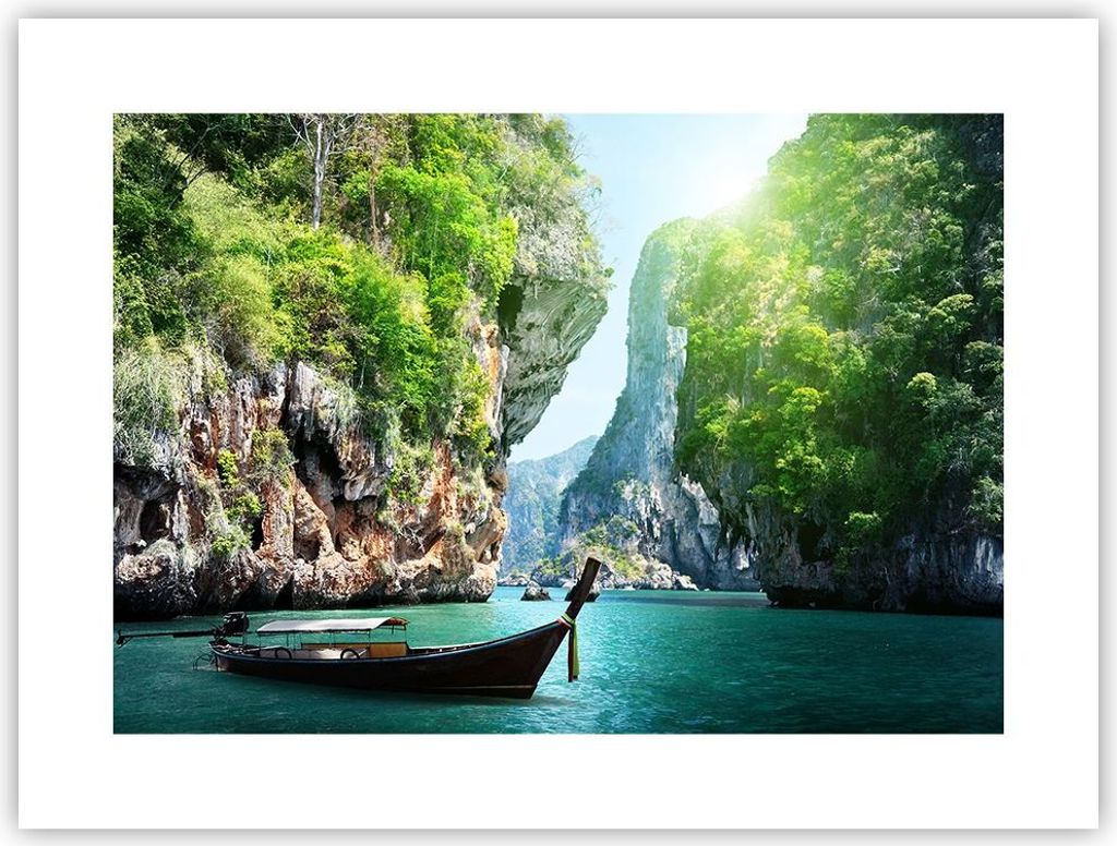 Poster - Poster ohne Rahmen - Boot Klippen Natur Felsen - 40x30 cm - Wand Bild - Wanddeko - Wandbilder - Kunstposter - Wandposter - Bilder - Kunstd...
