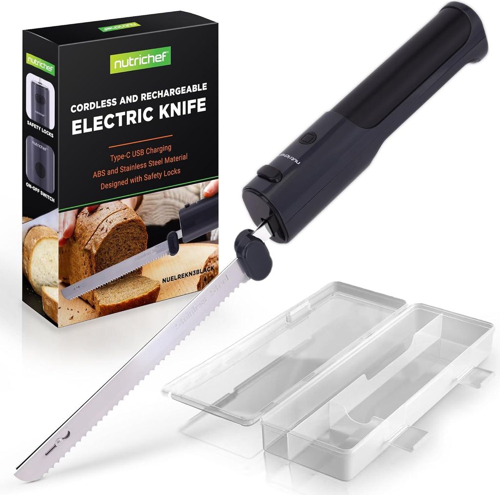 NutriChef Elektrisches Küchenmesser – Akku-Messer mit Edelstahlklingen, USB-C, 11,42′′ Edelstahlklingen, Schwarz