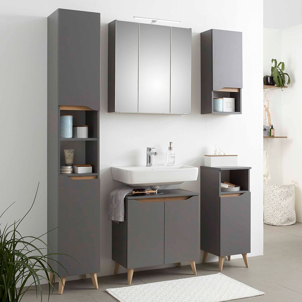Badezimmer Komplett Set mit Füßen in Holzoptik QENA-66 in Quarzgrau Matt Touch mit Riviera Eiche Nb., B/H/T ca. 140/190/33 cm