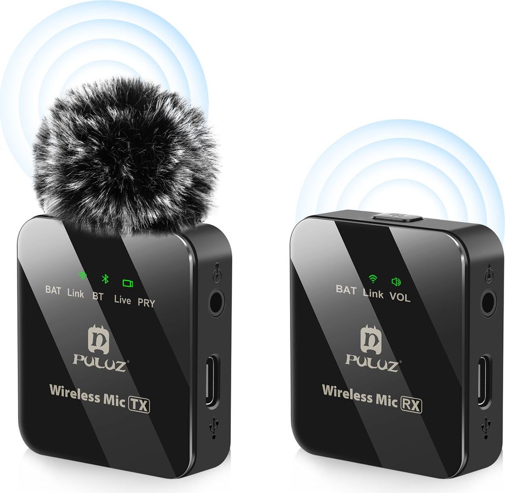 Two black wireless microphones, one with a furry windscreen, are displayed against a white background. Blue concentric circles emanate from the top of each microphone, suggesting wireless transmission.