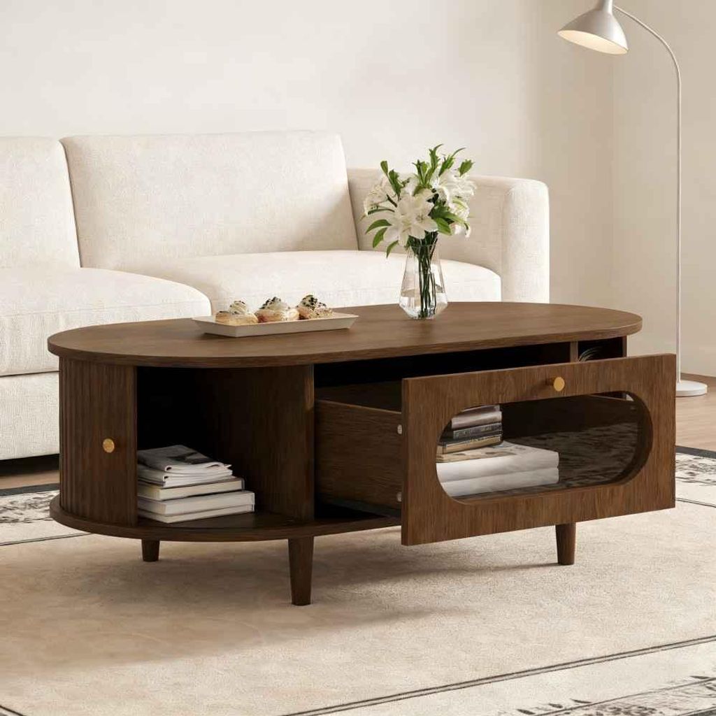 Couchtisch 100x50x36cm Walnussholz Beistelltisch mit Schublade Rolltür Wohnzimmertisch