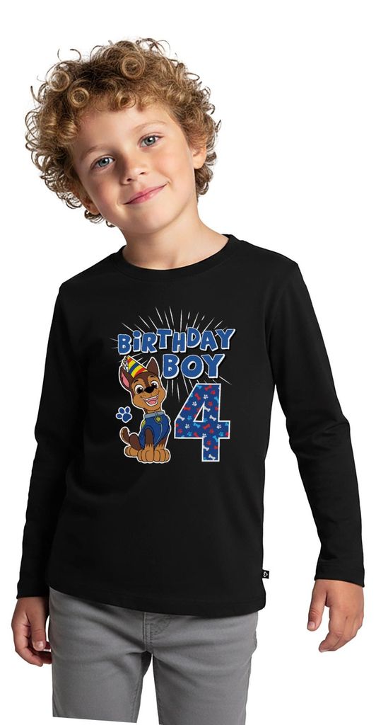 Spreadshirt Paw Patrol 4 Jahre Alt Geschenk 4. Geburtstag Chase Kinder Premium Langarmshirt, 110/116 (4 Jahre), Schwarz