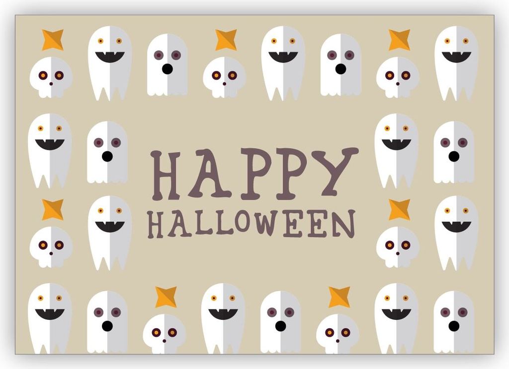 4x Coole Halloweenkarte mit vielen Geistern: Happy Halloween