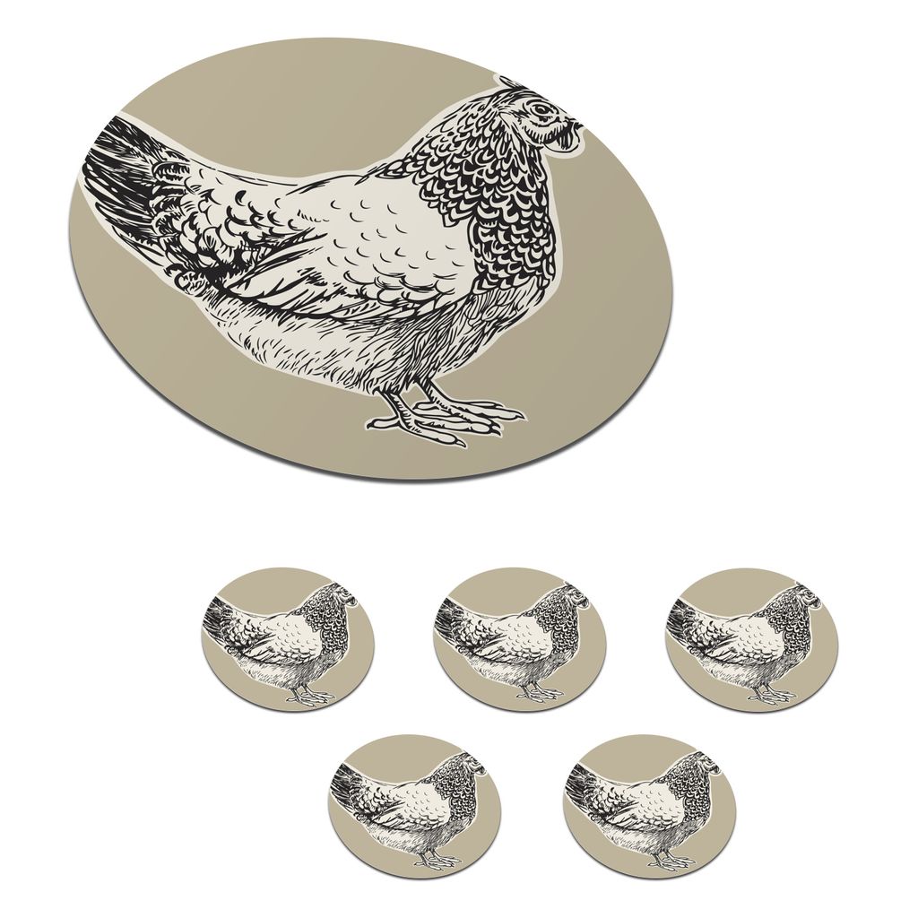 KitchenYeah Glasuntersetzer Rund 6er Set Tiere - Huhn - Schwarz - Weiß 10x10 cm Untersetzer für Gläser - Getränkeuntersetzer - Tischplattensc...